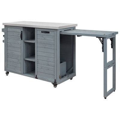 Îlot de cuisine extérieur avec table de barbecue pliable, chariot de barbecue en bois avec rangement pour poubelle et plateau en acier inoxydable, chariot de bar extérieur, table de four à pizza pour pelouse et jardin