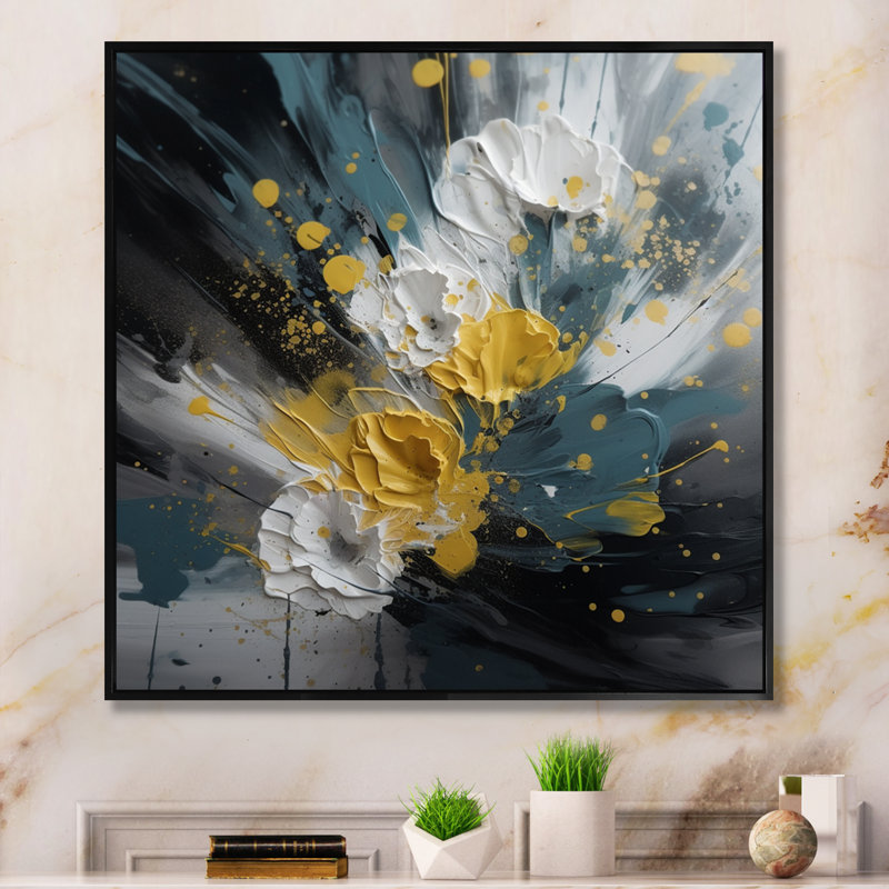 Jaune et blanc, jacinthe, paysage II sur toile, H 16 po x l 16 po x P 1 po, Cadre flottant noir