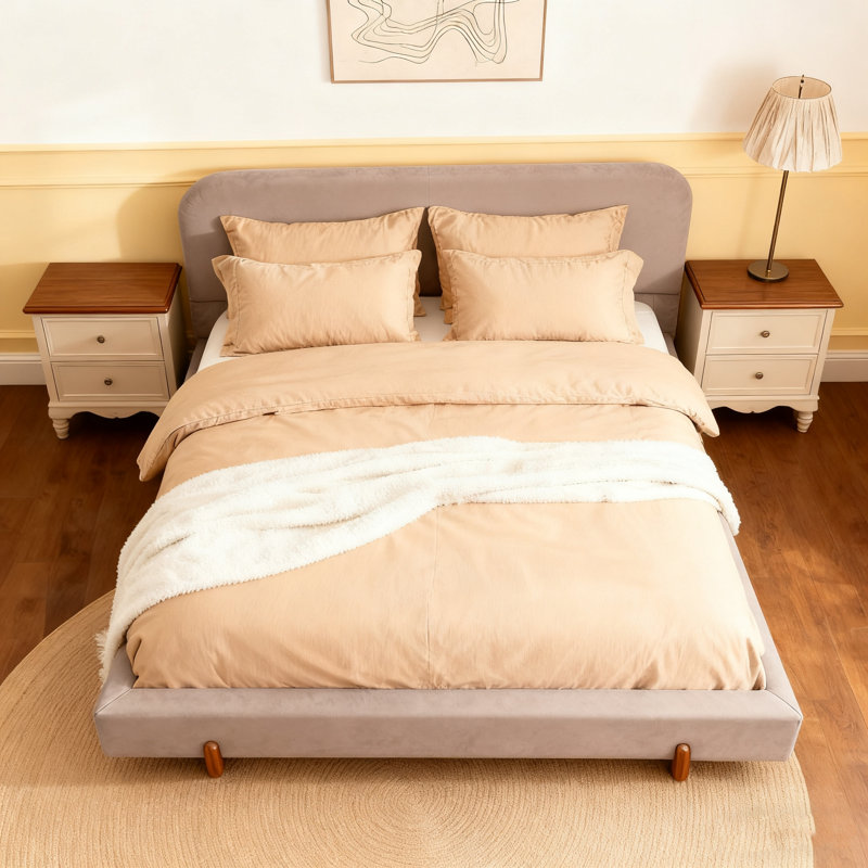 Solid Wood Legs Upholstered Bed Frame, Pink Velvet, King
