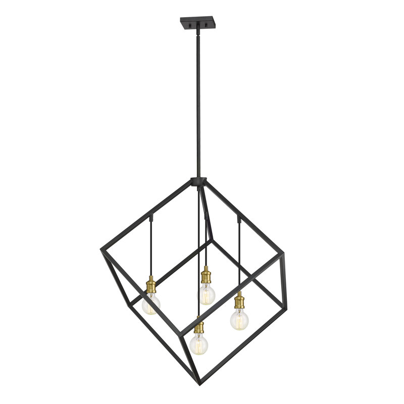 Luminaire suspendu géométrique unique à 4 lumières Zarrukh, H 36,5 po x l 34 po x P 34 po, Bronze / laiton vieilli