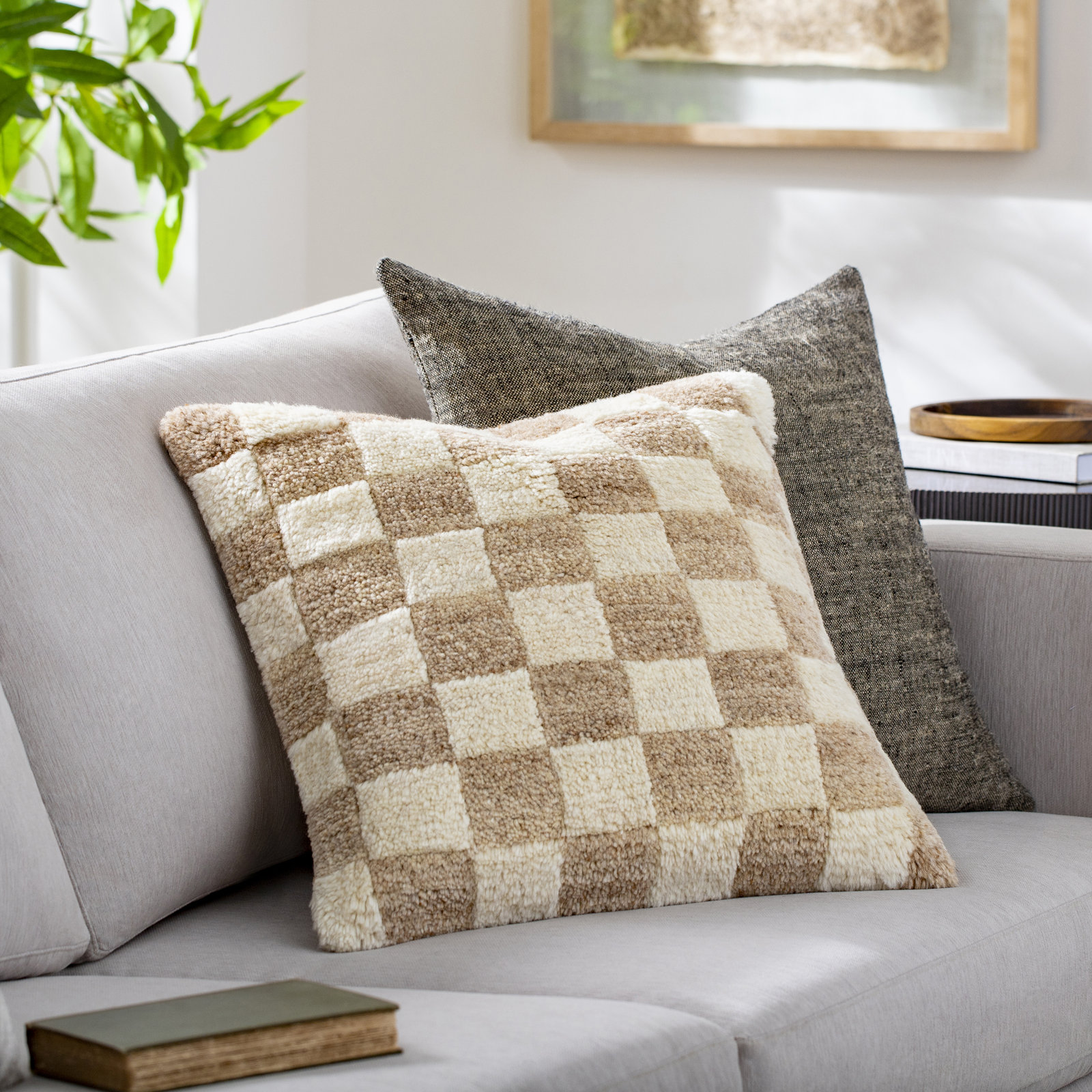 Villere Checkered Wool Throw Pillow, Tan, 18"H x 18"W, Pillow Cover Only - No Insert