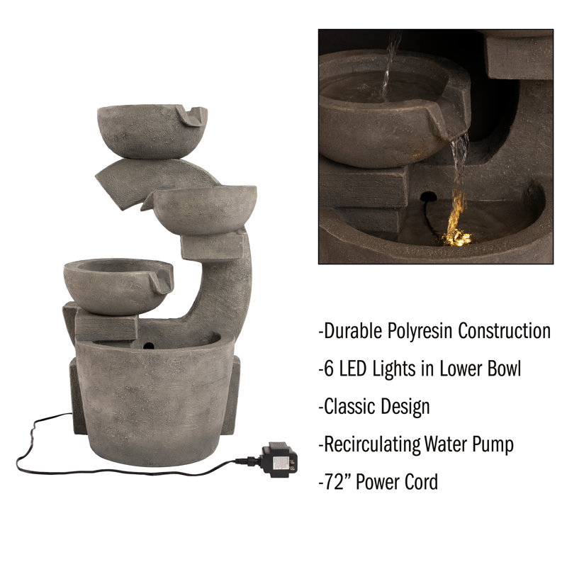 Decorative 4-Tier Cascading Hand Painted Outdoor Water Fountain with LED Light
