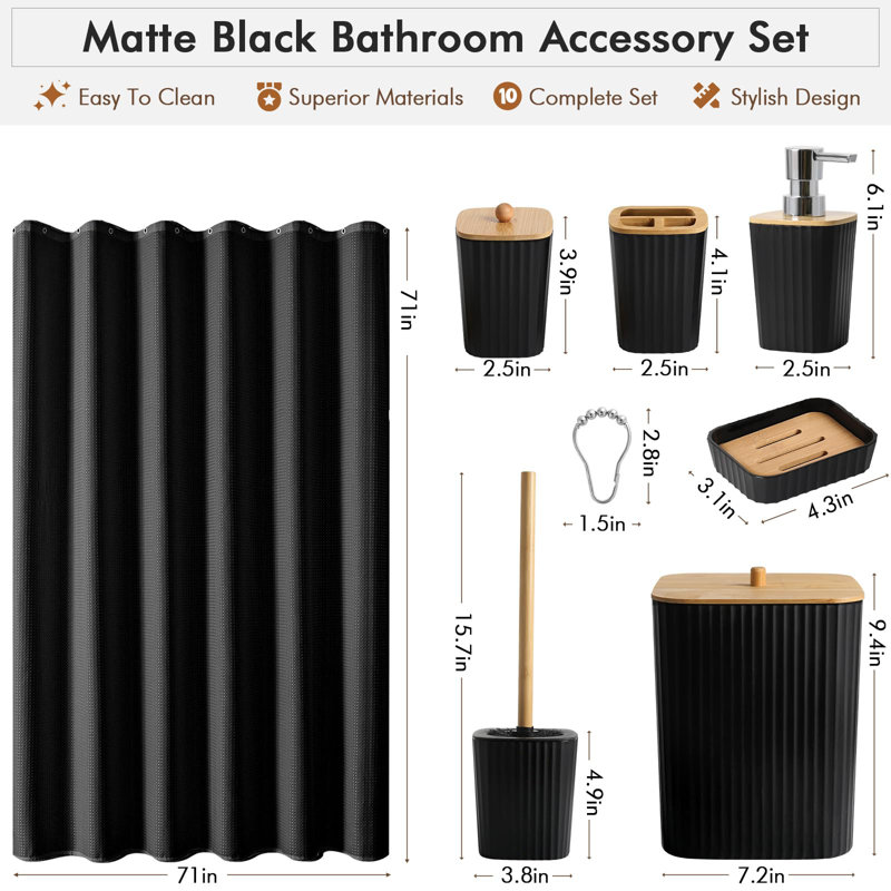 Ensemble de salle de bain noir, ensembles de rideau de douche avec crochets 21 pièces, ensemble de salle de bain avec poubelle, ensemble d'accessoires de salle de bain complet avec ensemble de rideau de douche, ensemble de distributeur de savon de salle 