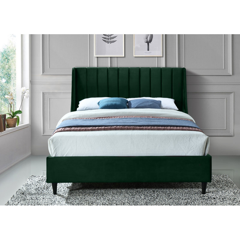 Eva Upholstered Low Profile Platform Bed, Green Velvet, Queen