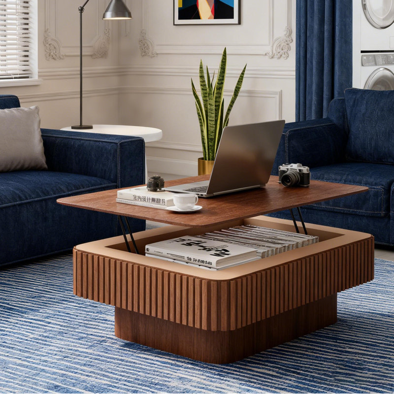 38.6'' Fluted Lift-Top Coffee Table Solid Wood Veneered Modern Coffee Table Accent Tea Table With Storage And Adjustable Height
