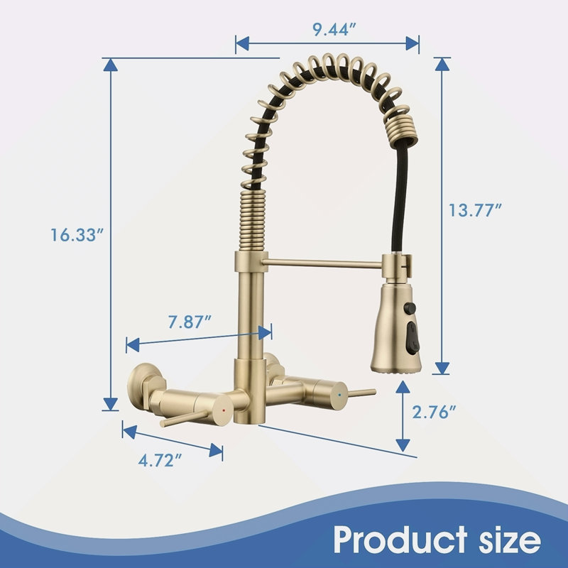 3 Functions Wall Mounted Bridge Kitchen Faucet, Brushed Gold