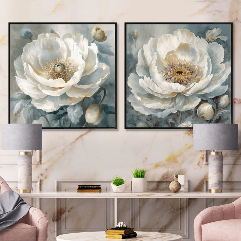 Ensemble de 2 pivoines blanches et bleues - ensemble de 2 pivoines carrées, Cadre flottant noir, H 16 po x l 33 po