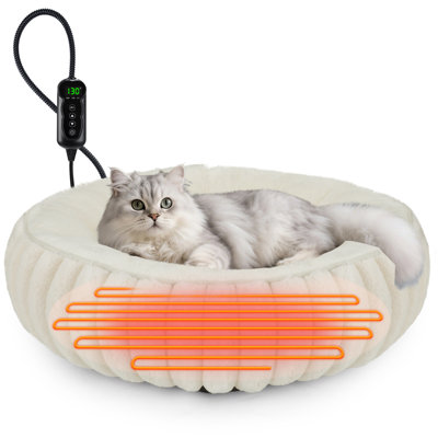 Coussin chauffant pour chats d'intérieur et petits chiens, coussin chauffant confortable en forme de beigne avec température réglable, minuterie de 1 à 24 heures, coussin chauffant amovible et housse lavable