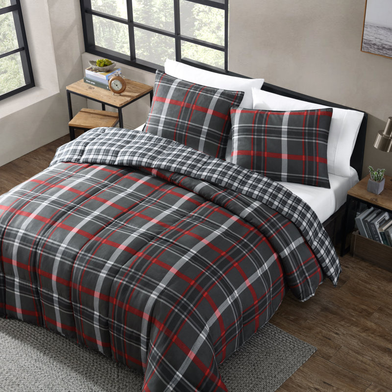 Ensemble d'édredon réversible en duvet synthétique gris Willow Plaid de Eddie Bauer, Édredon simple + 1 Taie décorative