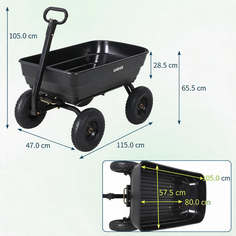 Heavy-Duty 4-Wheel Garden Dump Cart with 544 kg Capacity, Pneumatic Tyres and Quick-Release Tilt Tub for Lawn and Yard Work