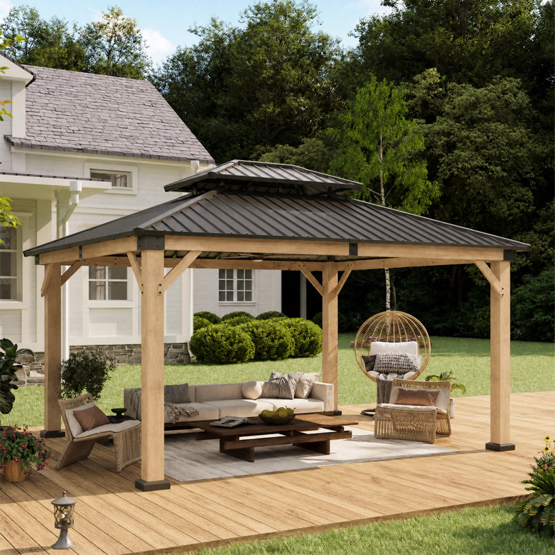 Pavillon de jardin permanent à toit double 14 pi x 12 pi avec double toit, pavillon de patio permanent en bois de cèdre pour la cour, la terrasse et le bord de la piscine