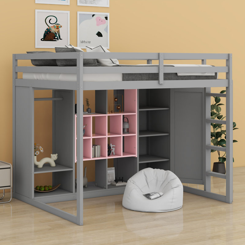 Lit mezzanine en bois avec garde-robe, tablettes et armoire, Lit double, Gris / Rose