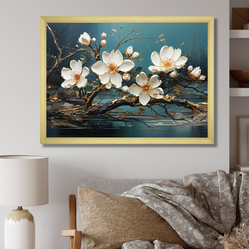 «White and Gold Charming Spring Flower Elegance I», art mural fleurs, Cadre d'angle fermé doré, H 16 po x l 32 po x P 1 po