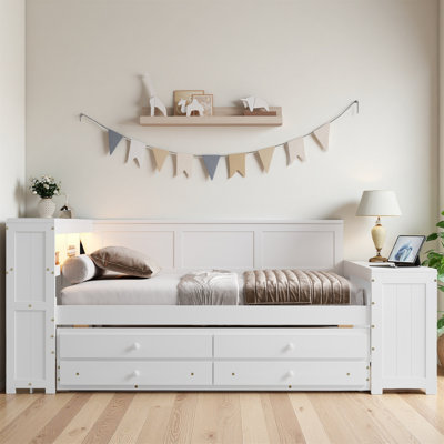 Full Size Daybed With Storage Shelves – Versatile Bed With Drawers, Trundle, Charging Station & LED Light - Ideal For Any Room by Hokku Designs
