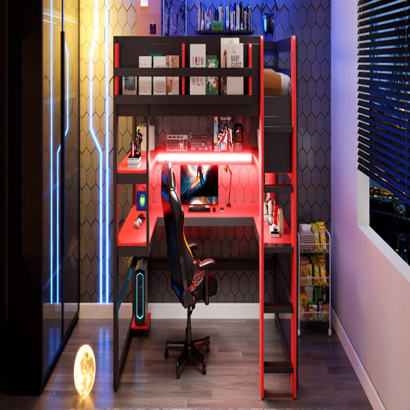 Lit mezzanine simple en bois avec bureau, support de rangement latéral, tablettes multiples et lumière RVB, rouge, Twin