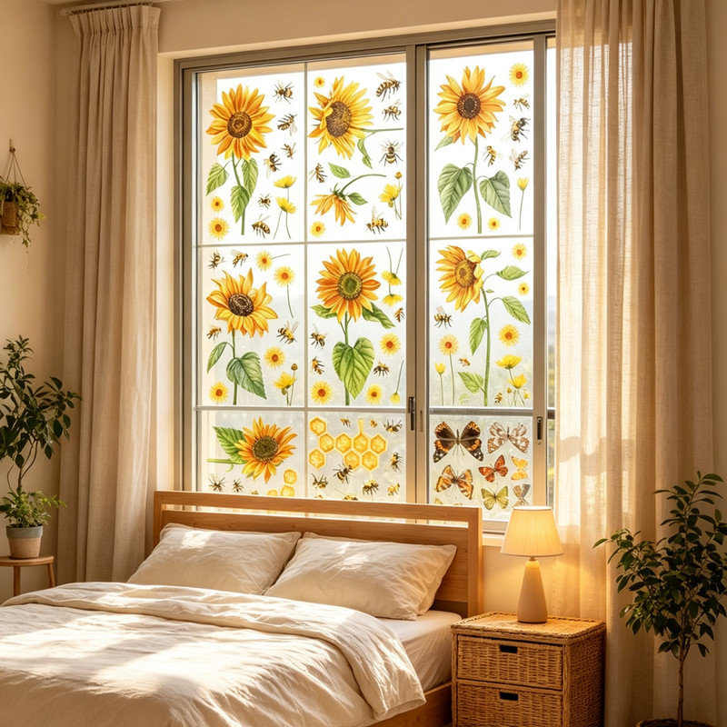 Tournesol abeille papillon statique fenêtre autocollants PVC plat autocollants muraux moderne minimaliste intérieur réfrigérateur en verre décor imperméable antistatique