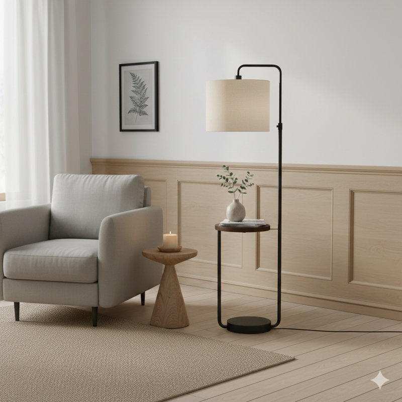 Lighting, H 67 po, lampe sur pied, port USB inclus, métal noir, abat-jour ivoire / crème, contemporain