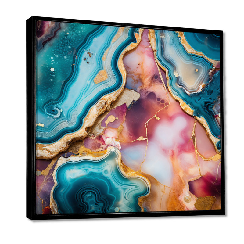 Décoration murale sarcelle Agate Waves Of Glam Gold III - marbre, Cadre flottant noir, H 16 po x l 16 po