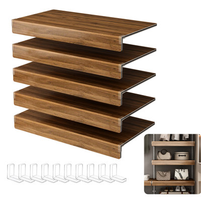 5 pièces de housses de tablettes grillagées en noyer pour garde-robe de salle de bain, avec surface en grain de bois imprimé et 10 supports en acrylique à angle droit pour une utilisation uniforme