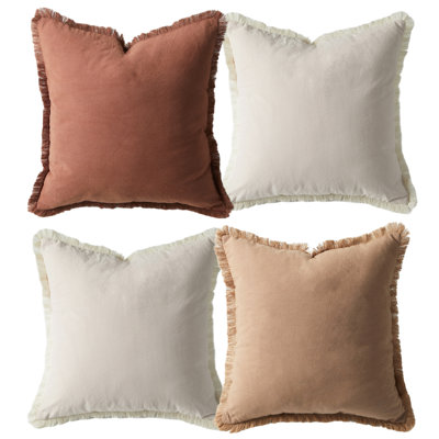 4PCS Washed Cotton Tassel Pillow Covers, 18 x 18 Inch Solid Color Throw Pillow Covers for Sofa, Bed, Chair, White and Brown