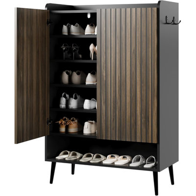 Large Shoe Cabinet with Doors，6-Tier Shoe Organizer with 2 Doors & Additional Hooks for Hallway, Entryway, Living Room,Black Set of 2