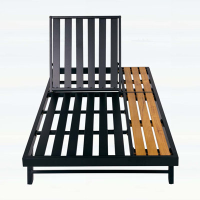 Black Iron and Teak Finish Acacia Wood Chaise Lounge, Adjustable Backrest, Flat Storage, 400 lbs Capacity, Ideal for Patio and Poolside