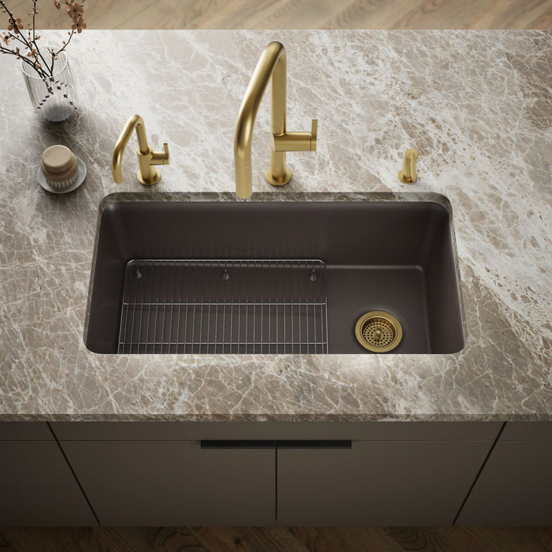 Cairn 33-1/2" x 18-5/16" x 9-1/2" Under-Mount Single-Bowl Kitchen Sink with Basin Rack, Matte Brown