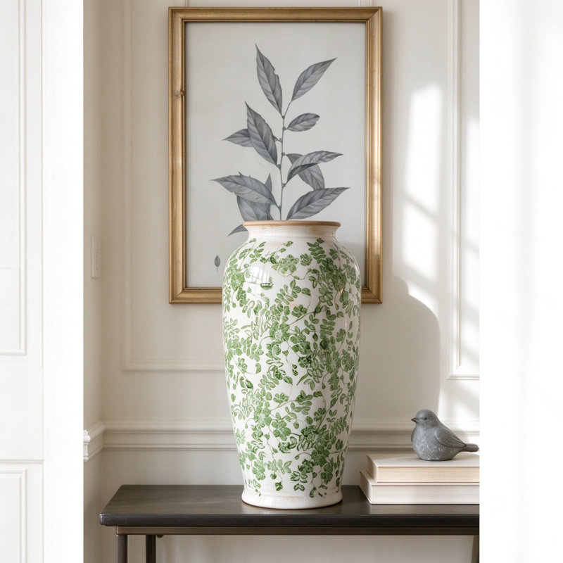 Grand vase en céramique émaillée craquelée avec imprimé floral vert rétro, vase de style campagnard pour manteau de cheminée, buffet, centre de table basse