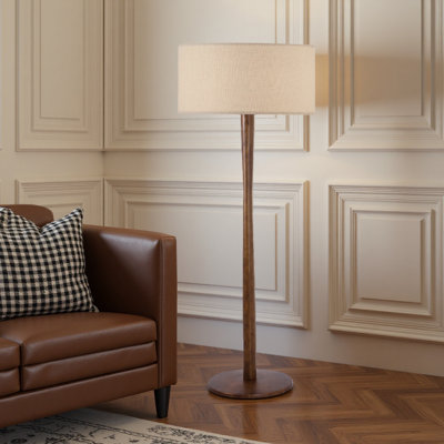 61'' Modern Walnut Wood Column Floor Lamp with Beige Linen Drum Shade, Minimalist Standing Lamp, cULus Certified for Living Room Side Tables, Bedroom Corners, Home Offices or Study Rooms