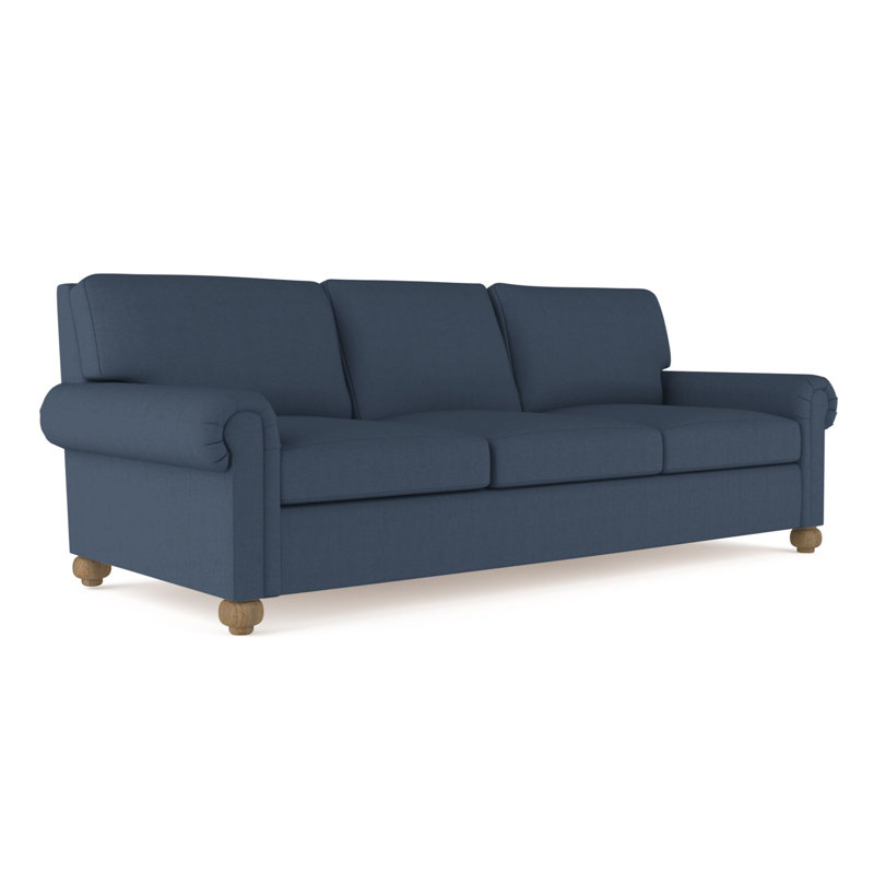 Leroy Rolled Panel-Arm Sofa with Bun Feet, Weathered, 36" H x 96" W x 49" D, Box Weave Linen Bluebell