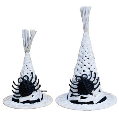 Handwoven White Witch Hat Decorations With Black Spider Accent – Halloween Tabletop Décor Set Of 2