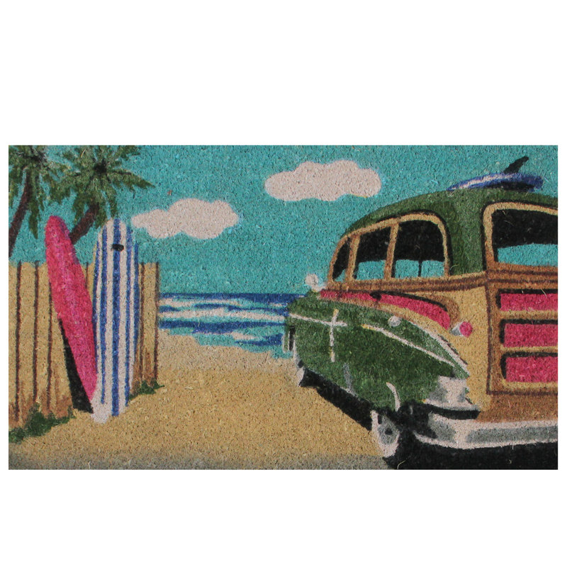 Tapis de porte rectangulaire en fibre de coco rétro 18 po x 30 po Car on Beach
