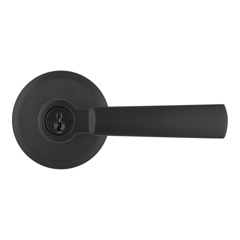 Matte Black Transitional Keyed Entry Door Lever with Round Rosette