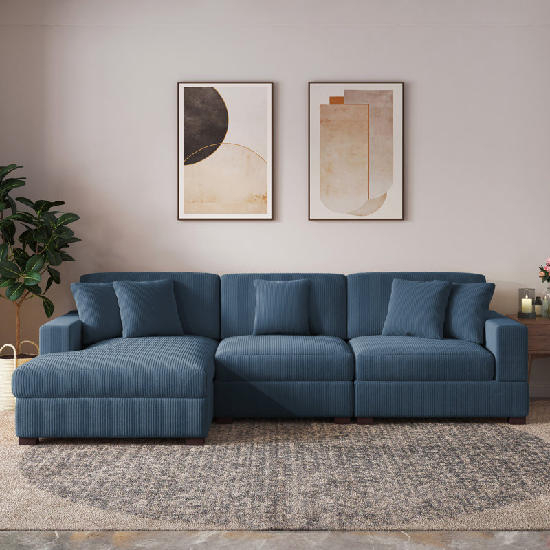 Milbrey 3-Piece Corduroy Modular Sectional with Loose Back, Left Hand Facing, Navy Corduroy