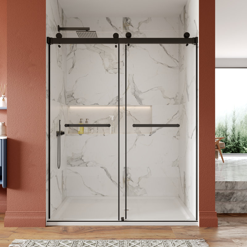 DeerValley 56" - 60" W x 76" H Double Sliding Frameless Shower Door with 3/8-in (10mm) Tempered Glass, Stainless Steel Accessories