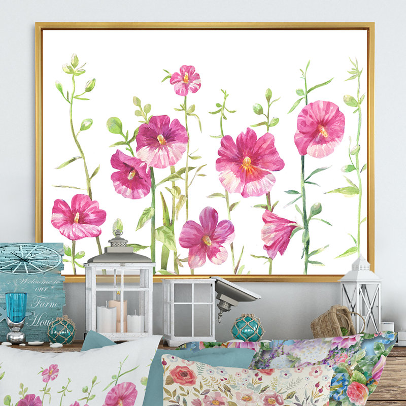 «Blossoming Dark Pink Wild Flowers», reproduction sur toile, H 16 po x l 32 po x P 1 po, Cadre flottant doré