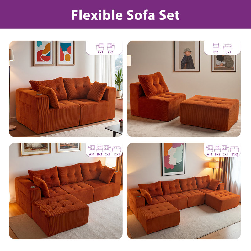 U Shaped Modern Cloud Couch With 2 Ottomans Tufted 6-seat Compression Sleeper Chair, Orange Corduroy