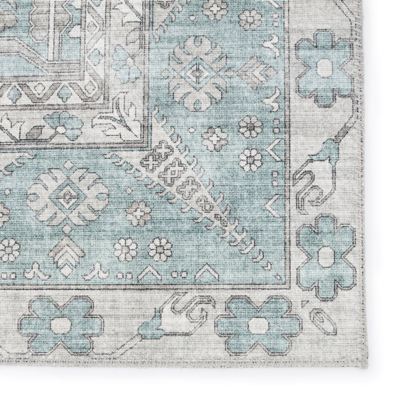 Tapis gris clair / bleu sarcelle performant lavable à la main Issa, Rectangle 6 pi x 9 pi