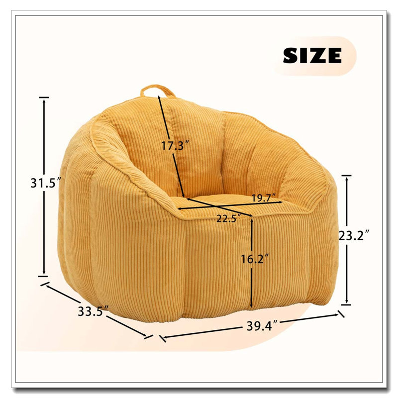 Comfy Corduroy Large Bean Bag Chairs with Armrests, Yellow