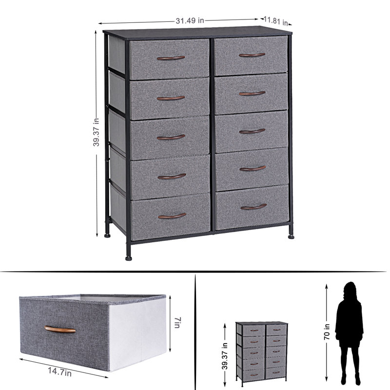 Commode à 10 tiroirs Melia, Gris anthracite