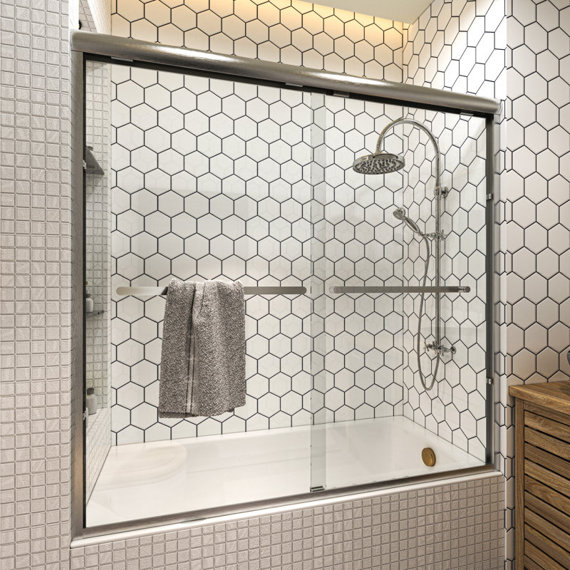 56 to 60 in. W x 58 in. H Sliding Framed Tub Door with Clear Glass, Brushed Nickel