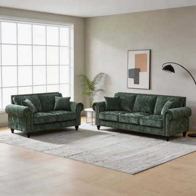 Modern 3+2 Seater Sofa with Rolled Arms,Chenille Upholstered Couch with Wood Legs and Nailhead Trim for Living Room, Apartment,Green