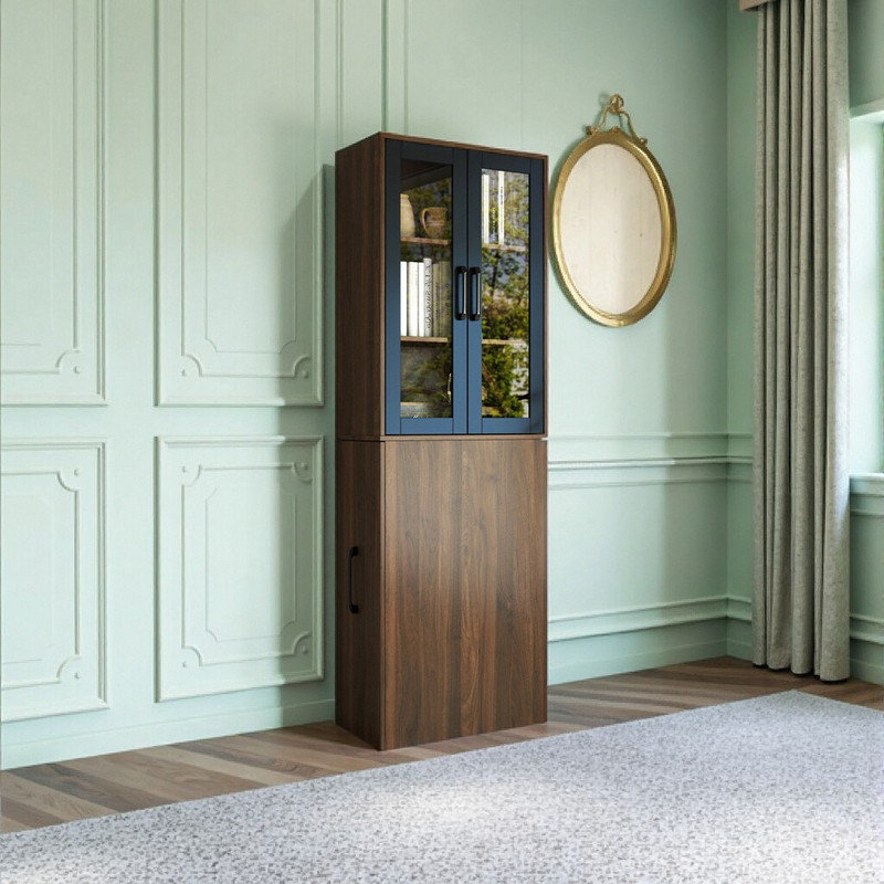 Bibliothèque vitrée à 4 niveaux avec tablettes coulissantes, rangement compact, Brun