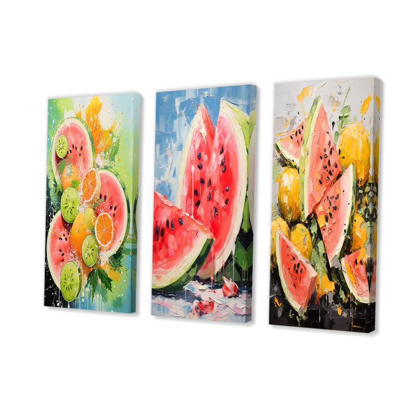 «Summertime Watermelon Fruit I - Fruit», ensemble de 3 reproductions d'art mural, H 28 po x l 36 po, Toile tendue
