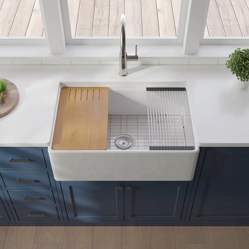 Évier de cuisine blanc en argile réfractaire blanche avec accessoires