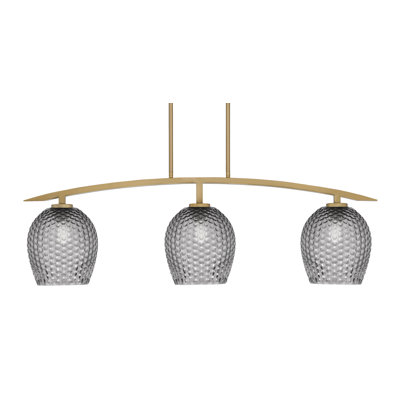 Kurve 3 Light Island Light Shown In New Age Brass Finish With 7.5" Smoke Textured Glass