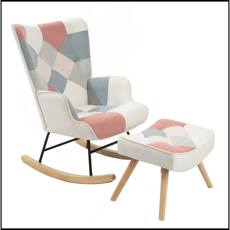 Chaise berçante avec repose-pieds, Blanc / rose