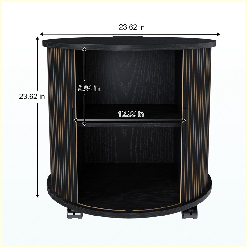 Ensemble de 2 tables de bout cylindriques noires modernes Mid-Century avec station de charge intégrée, porte coulissante et rangement à 2 niveaux