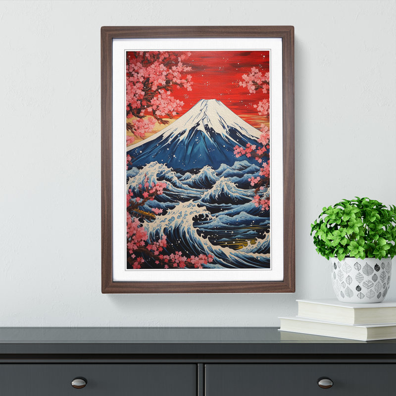 Mount Fuji Symbolism No.2 - Single Picture Frame Print on Wood, 34cm H x 25cm W x 2cm D, Walnut 