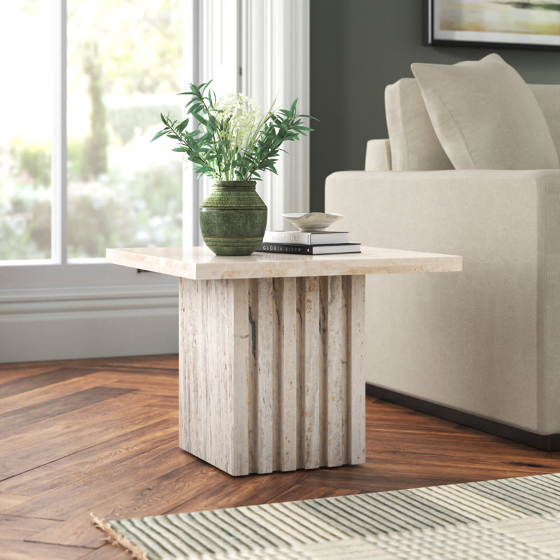 Pristina Tall Square Marble Accent Table, Beige